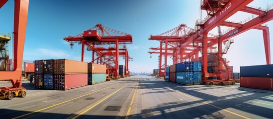 Poster - Gantry crane moves containers from storage to ship bay using a fish eye lens copy space image