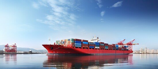 Poster - Docked cargo ship near port copy space image