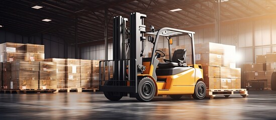 Loading and unloading cargo with a forklift onto a container at the warehouse dock copy space image