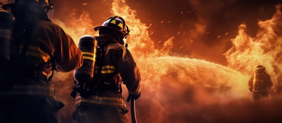 Poster - Firefighters using high pressure water to fight fires during training copy space image