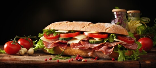 Poster - Lettuce tomato salami hummus and cheese on a sandwich copy space image