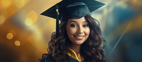 Wall Mural - Joyful woman grinning on graduation day copy space image