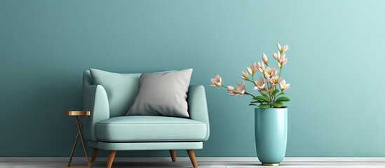 Poster - Cyan living room with stylish end table vintage sofa and flower vase copy space image