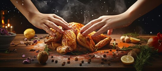 Leinwandbilder - Cooking chicken legs in spices with female hands at home bakery copy space image