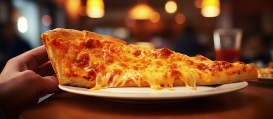 Poster - Customer in Italian restaurant enjoys incredibly cheesy pizza slice copy space image
