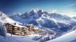 Enchanting ski resort nestled in snow-covered mountains at dusk, with warm lights and skiers on slopes