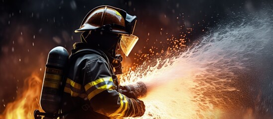 Poster - Firefighters training and using high pressure water to fight fires in emergency situations copy space image