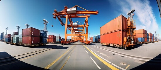 Poster - Gantry crane moves containers from storage to ship bay using a fish eye lens copy space image