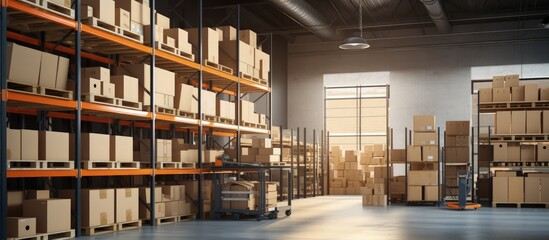 Poster - Contemporary shelved warehouse with boxes copy space image