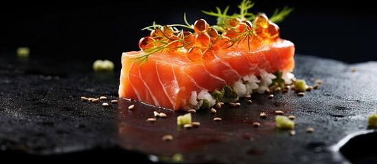 Poster - Gourmet salmon tartare with glasswort nori and Japanese spice on a modern plate copy space image