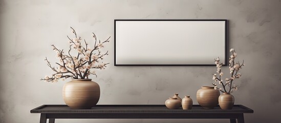 Poster - Grey wall with black and white poster chic living room with stylish coffee table and pottery vase holding brown flowers copy space image