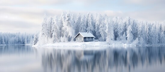 Aufkleber - Finnish lake house nestled in snowy forest during winter copy space image