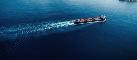 Poster - Drone captures tug boat towing empty barge at sea copy space image
