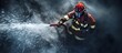 French firefighter spraying water from an elevated position copy space image