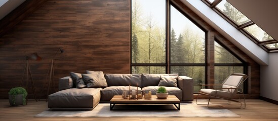 Poster - Impressive wood and skylights highlight the living room in the house copy space image