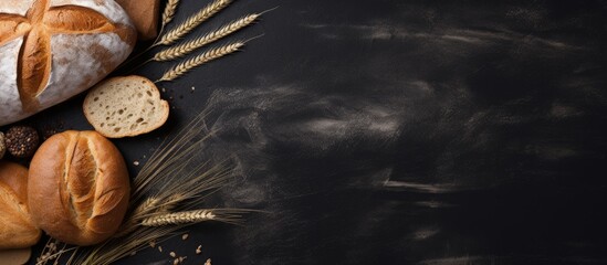 Poster - Freshly baked bread on dark table seen from above copy space image