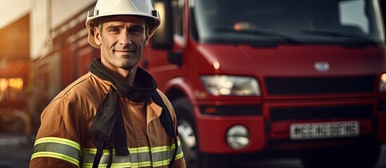 Poster - Happy firefighter by fire truck with gear copy space image