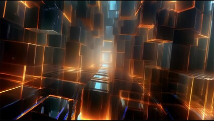 Wall Mural - An abstract visual of cubic structures with flowing light, symbolic of the digital world. The play of light and shadow creates a deep sense of space.
