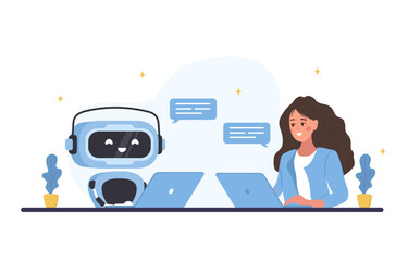 Wall Mural - chatbot concept. woman talking with robot. ai assistant. girl asking questions and receiving answers