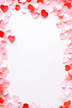 BLANK VERTICAL BACKGROUND DECORATED WITH RED AND PINK HEARTS.