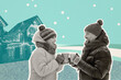 Collage of two peaceful black white effect partners enjoy hot chocolate cup communicate city buildings snowfall isolated on teal background
