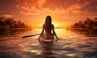 beautiful young woman in bikini sitting on surf board in sunset