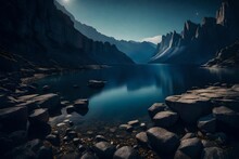A Rocky Lakeshore Path With Dramatic Cliffs On One Side, Showcasing The Grandeur Of Nature And The Peaceful Expanse Of The Lake Under A Clear, Starry Sky.