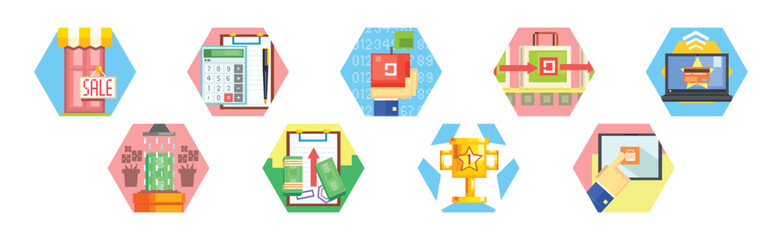 Sticker - Consumer and Marketing Icon in Hexagonal Shape Vector Set