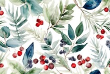 Watercolor Winter Decoration Features A Unique Combination Of Magnolia Leaves, Rosemary Branches, And Spruce Trees.