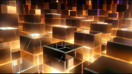 Wall Mural - An image depicting numerous transparent cubes illuminated by golden light, each reflecting and shimmering with the surrounding illumination.
