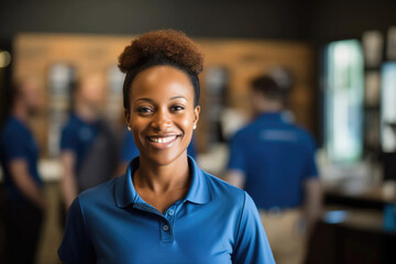 Happy female african american retail clerk worker posing in the commerce smiling at the camera