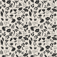 Flowers and letters. Botanical seamless pattern in linocut style. Monochrome vector  illustration