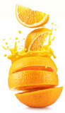 Fototapeta  - Sliced orange fruit splashing around orange juice on the white background.