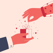 Male Hand Gives Gift Box To Female Hand With Love. Festive Present Decorated With Red Bow Shares From One Arm To Other. Valentine Or Birthday Surprise Box. Donation Or Festive Vector Illustration
