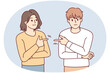 Couple point fingers at each other avoid responsibility in fight or argument. Stubborn man and woman put guilt on one another. Relationship problem. Vector illustration.