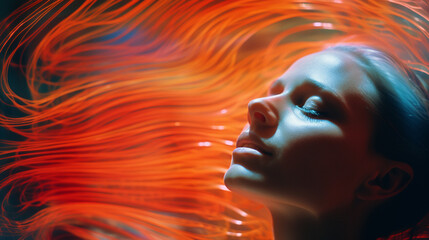Aufkleber - A person immersed in abstract brainwave patterns, conveying a meditative and introspective atmosphere inspired by brain scan imagery.