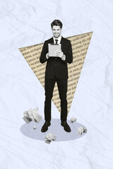 Poster - Vertical creative photo artwork composite collage of happy clever man wear suit read news on tablet isolated on painted background