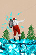 © deagreez - Vertical collage of grandfather santa point finger carry boombox dancing frozen ice snowy forest painted evergreen tree isolated on beige background