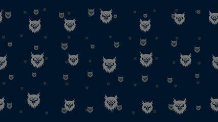 Poster - Owl head symbols float horizontally from left to right. Parallax fly effect. Floating symbols are located randomly. Seamless looped 4k animation on dark blue background
