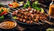 Satay Grilled meat skewers with a peanut dipping sauce,