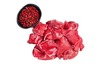 Raw diced red beef meat for Goulash on marble board.  Transparent background. Isolated.