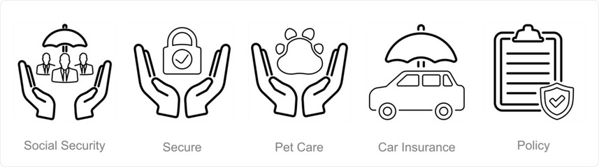 A set of 5 Insurance icons as social security, secure, pet care