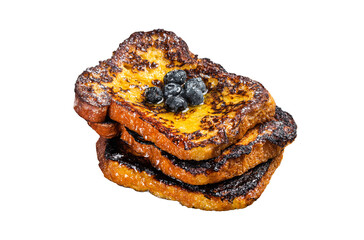 Wall Mural - Blueberry French Toast with honey on wooden board.  Transparent background. Isolated.