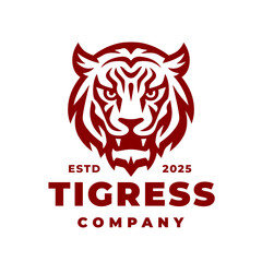 Wall Mural - Tigress tiger logo template. Wild cat emblem. Angry animal head brand design. Vector illustration.