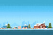 Pixel art scene with house and christmas tree in winter background.