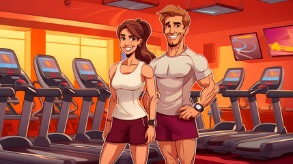 Couple doing exercises training at gym. Sporty people working out. Sport, workout, run and fitness. Cartoon illustration