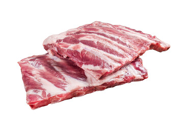 Wall Mural - Raw pork spare loin ribs St Louis on wooden board with herbs.  Transparent background. Isolated.