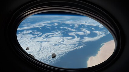 Wall Mural - asteroids fly over the earth, as seen from the window of a spaceship. the concept of the end of the 
