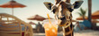 giraffe in glasses on the beach drinking a cocktail.Generative AI
