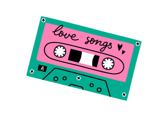 hand drawn cute cartoon illustration of retro music cassette. flat vector old audio tape sticker in 